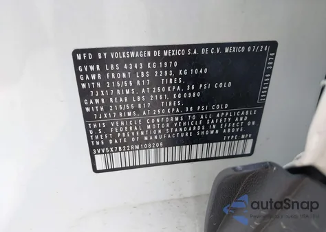 2024 Volkswagen Taos 1.5T Se Black из США, поврежденный, VIN 3VVJX7B22RM119140